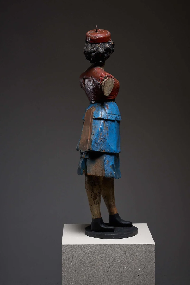 Antique Carousel Lady Figure in Blue Skirt, Hand-Painted Wooden Sculpture