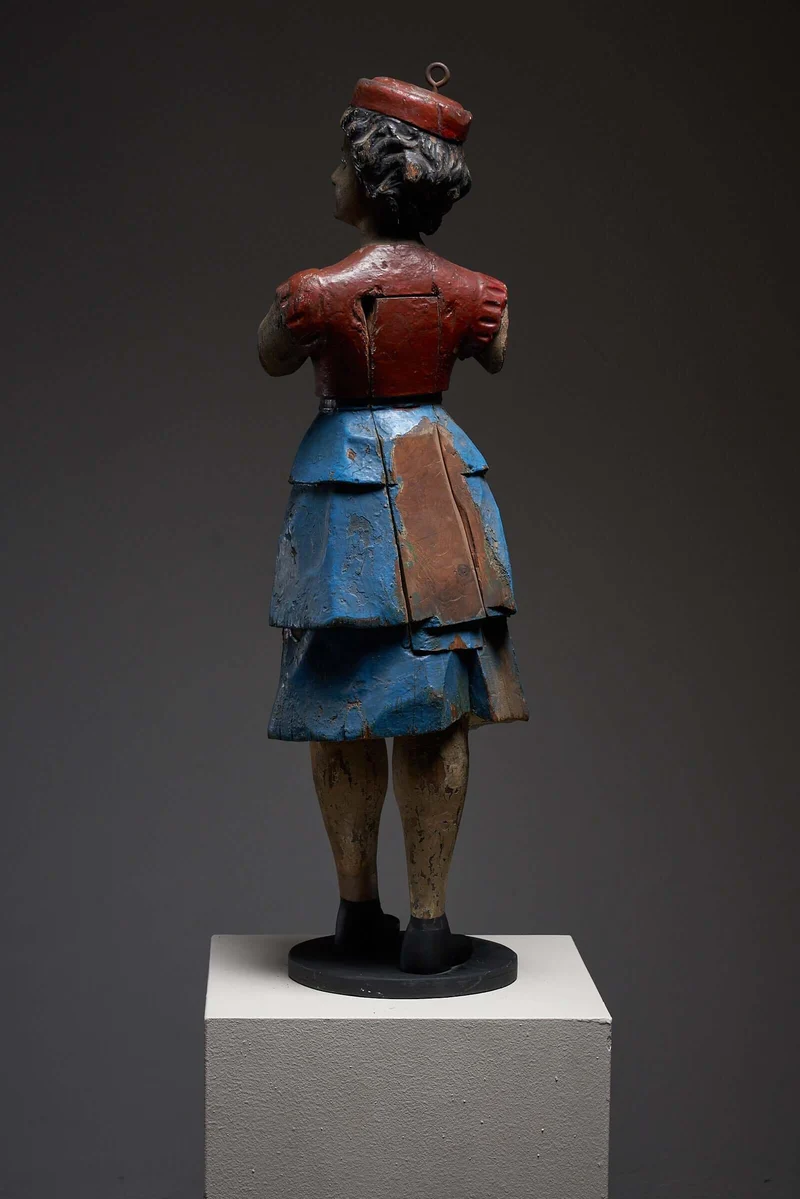 Antique Carousel Lady Figure in Blue Skirt, Hand-Painted Wooden Sculpture