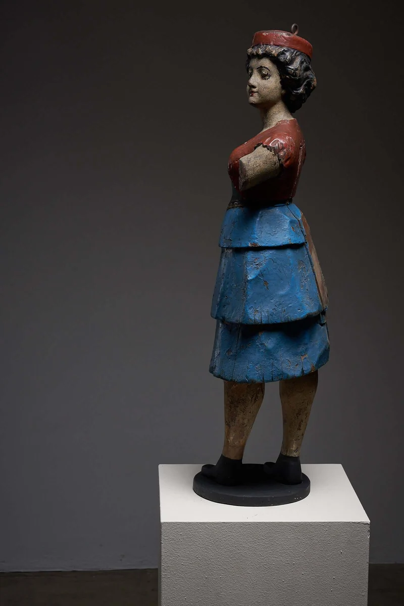 Antique Carousel Lady Figure in Blue Skirt, Hand-Painted Wooden Sculpture
