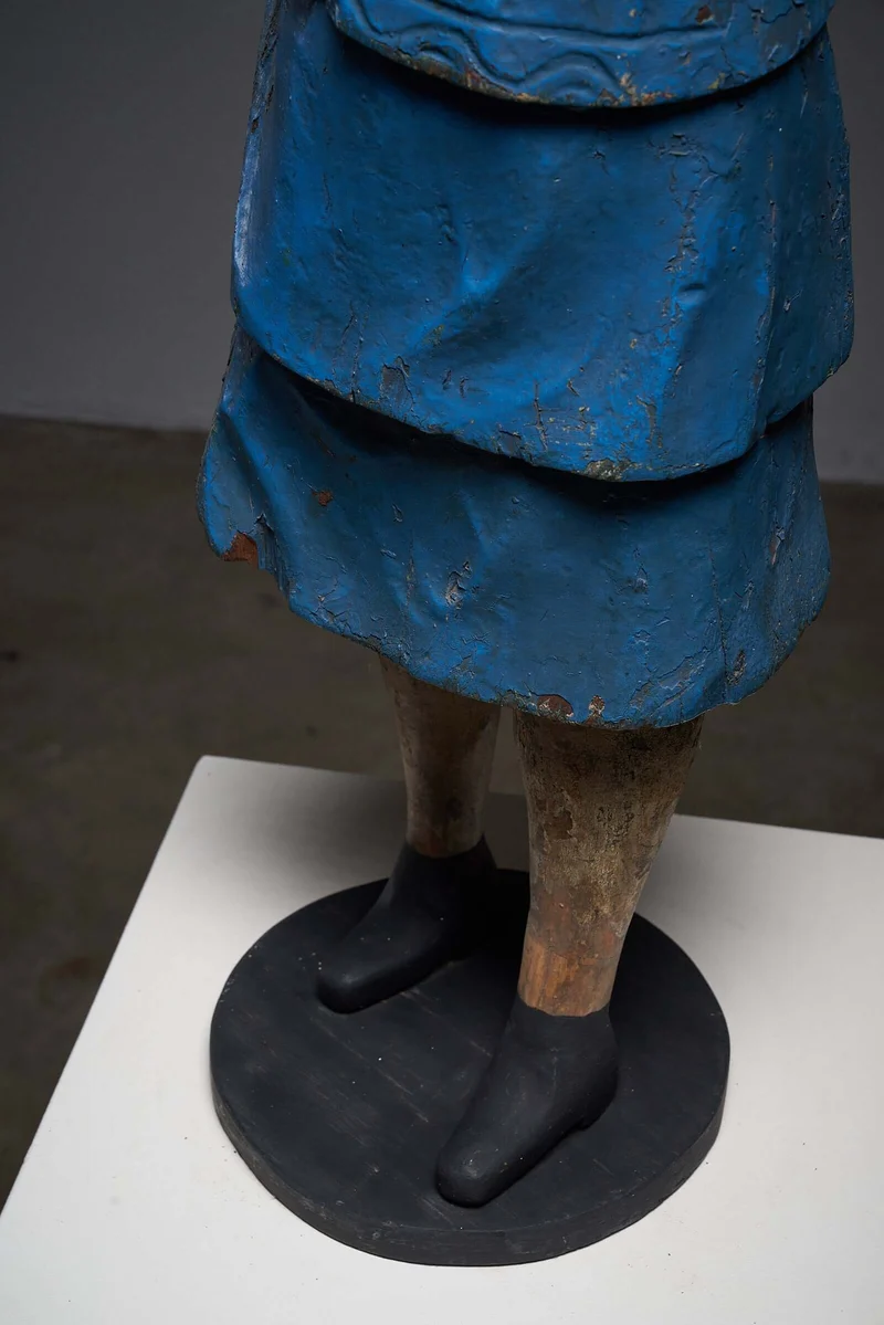 Antique Carousel Lady Figure in Blue Skirt, Hand-Painted Wooden Sculpture