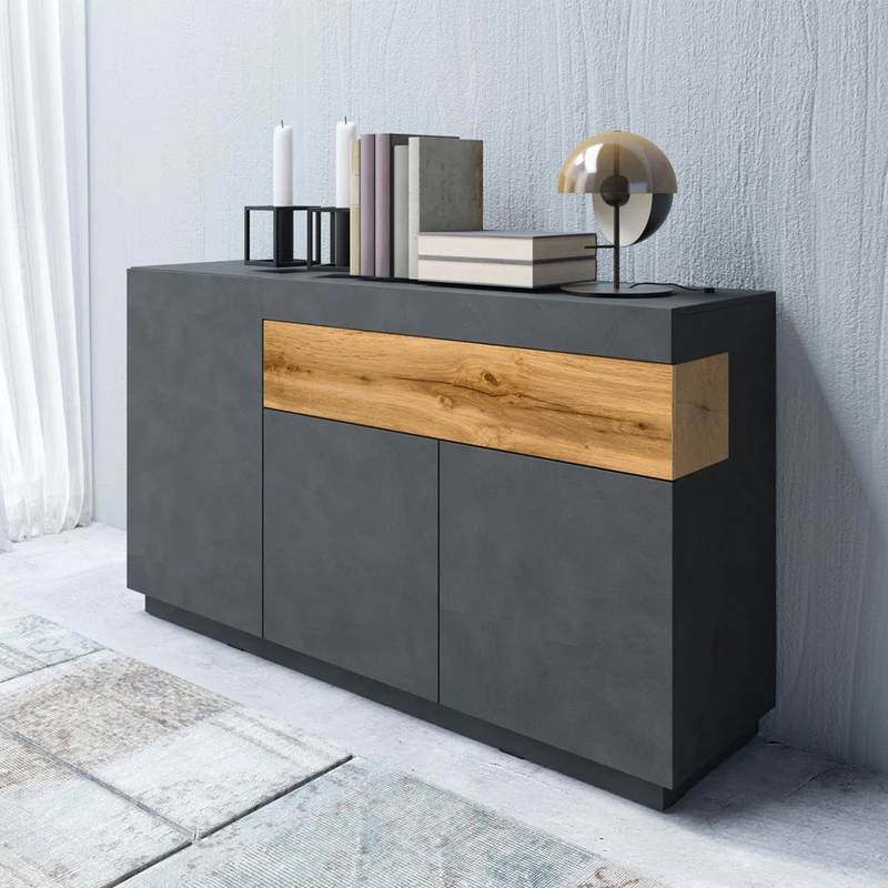 Buffet 3 portes 1 tiroir Andrea Gris anthracite et Bois