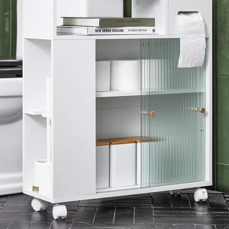 SoBuy BZR117-W Armoire WC Toilettes, Meuble Étroit Salle de Bain sur Roulettes, Support Papier Toilette avec 2 Portes Coulissantes en Verre