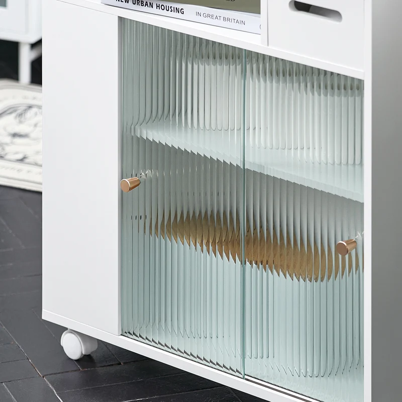 SoBuy BZR117-W Armoire WC Toilettes, Meuble Étroit Salle de Bain sur Roulettes, Support Papier Toilette avec 2 Portes Coulissantes en Verre