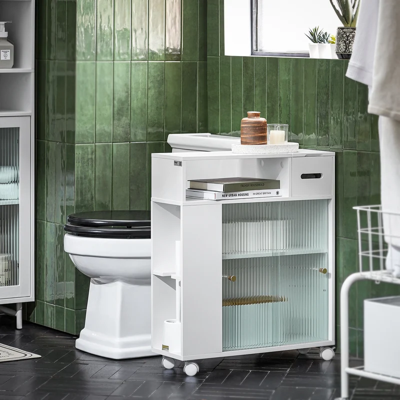 SoBuy BZR117-W Armoire WC Toilettes, Meuble Étroit Salle de Bain sur Roulettes, Support Papier Toilette avec 2 Portes Coulissantes en Verre