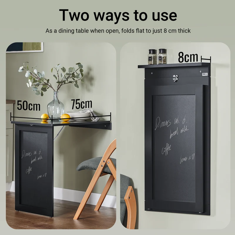 SoBuy FWT20-SCH Table Murale Rabattable à Manger Pliable avec Tableau Mémo Extensible Gain de Place pour Cuisine, Bureau et Petits Espaces Noire 50cm x 75cm x 76cm