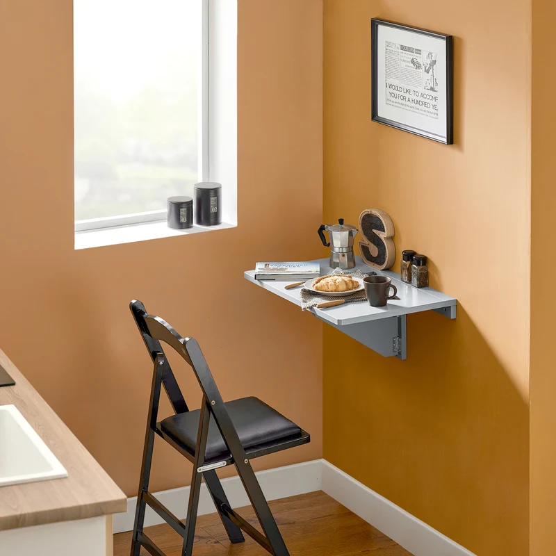 SoBuy FWT03-HG Table Murale Pliante, Table de Cuisine Extensible, Bureau Compact, Design Gain de Place, Idéale pour Petits Espaces, Cuisine, Bureau, Salle à Manger, 60x40cm Gris