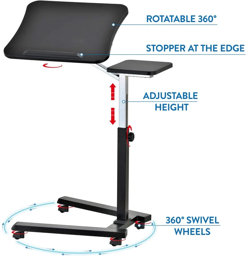 Bureau d'ordinateur portable à roulettes en hauteur portable et réglable avec tapis de souris