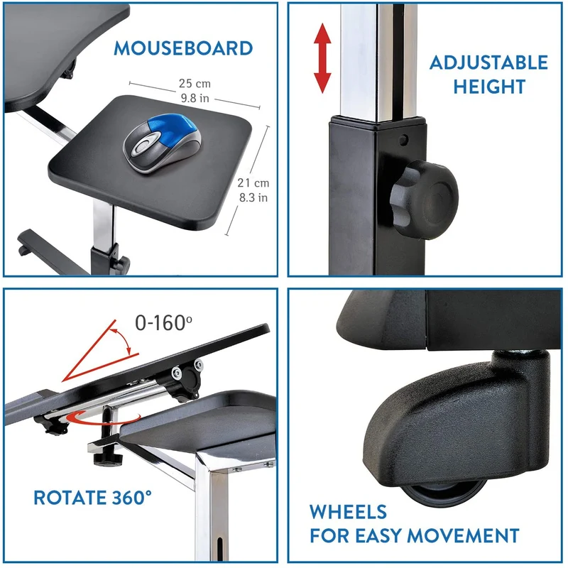 Bureau d'ordinateur portable à roulettes en hauteur portable et réglable avec tapis de souris