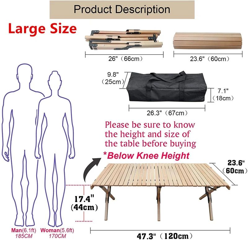 Table de pique-nique en bois extérieure pliable portable Cake Roll