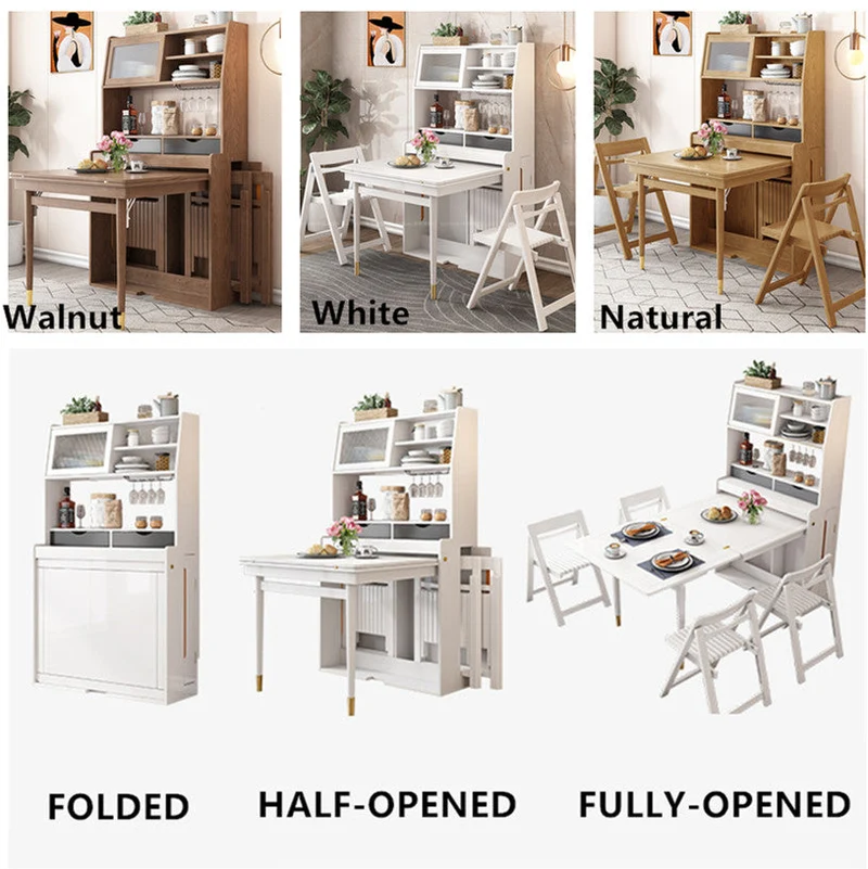 Table à manger multifonctionnelle pliante en bois massif avec armoire et chaises pliantes
