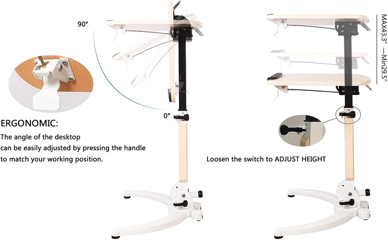 Bureau debout mobile pliable, table de lit surélevée, table d'appoint de canapé