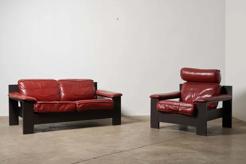 Vintage 2-Seat Sofa and Easy Chair Set in Red Leather - Dark Wood Frame by Harry de Groot for Leolux