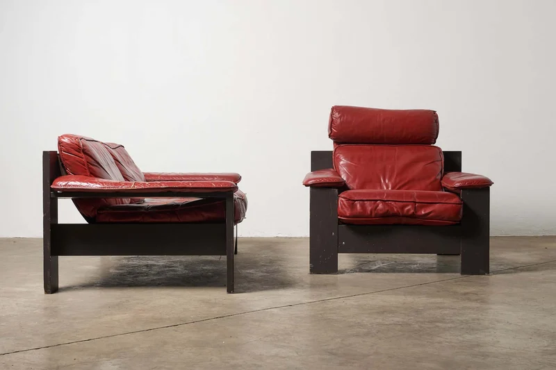 Vintage 2-Seat Sofa and Easy Chair Set in Red Leather - Dark Wood Frame by Harry de Groot for Leolux