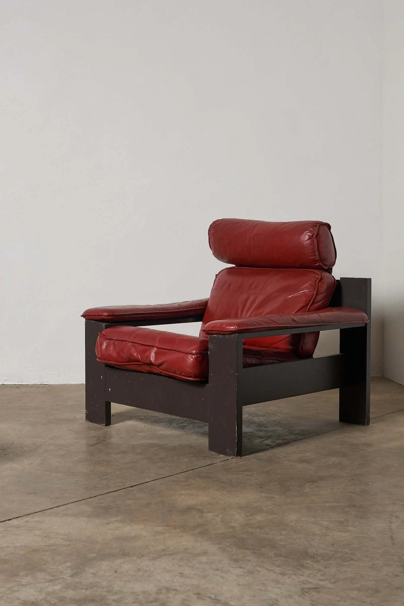Vintage 2-Seat Sofa and Easy Chair Set in Red Leather - Dark Wood Frame by Harry de Groot for Leolux