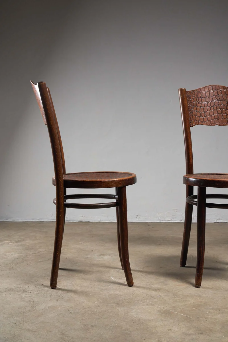 Set of 4 vintage bentwood bistro chairs with Crocodile pattern by Thonet