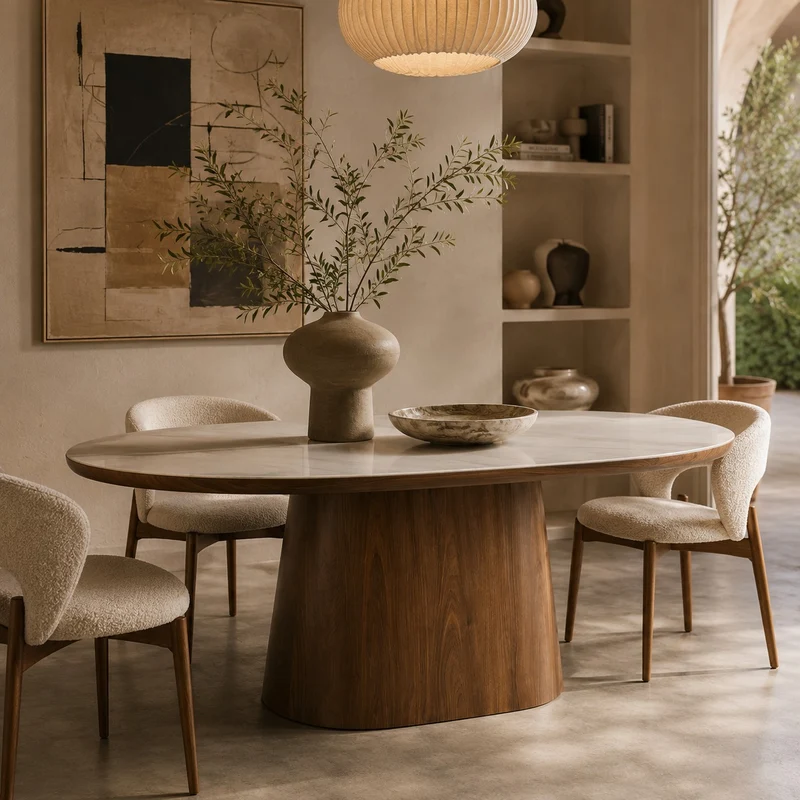 Table à manger ovale DRAWER Almira 8 personnes en pierre et bois foncé