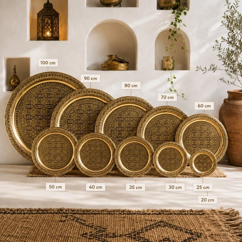 Plateau marocain en laiton doré sculpté à la main 45 à 100cm