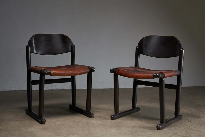 Vintage Brutalist Wood & Leather Chairs, 1970s, Set of 2