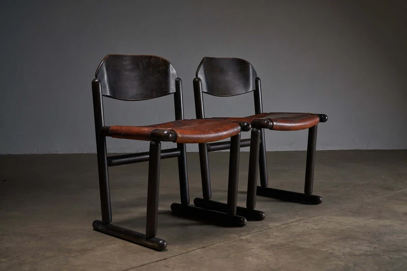 Vintage Brutalist Wood & Leather Chairs, 1970s, Set of 2