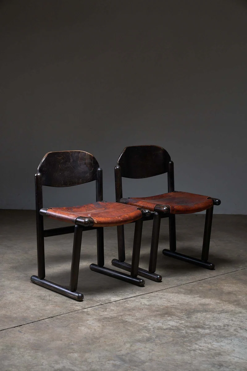 Vintage Brutalist Wood & Leather Chairs, 1970s, Set of 2