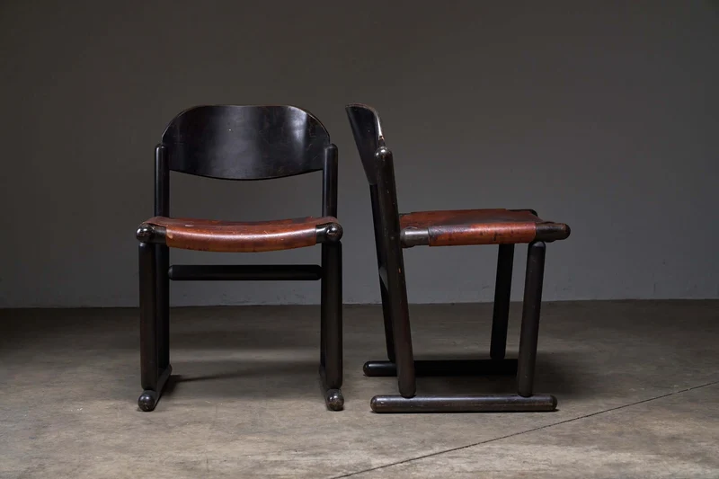 Vintage Brutalist Wood & Leather Chairs, 1970s, Set of 2
