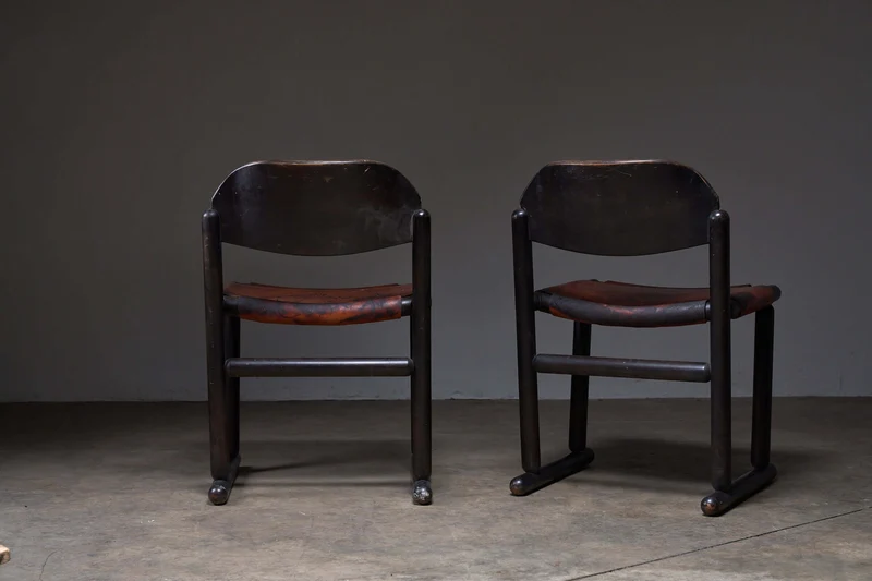 Vintage Brutalist Wood & Leather Chairs, 1970s, Set of 2