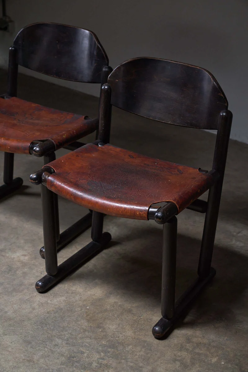 Vintage Brutalist Wood & Leather Chairs, 1970s, Set of 2