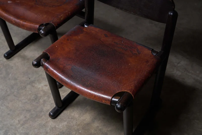 Vintage Brutalist Wood & Leather Chairs, 1970s, Set of 2