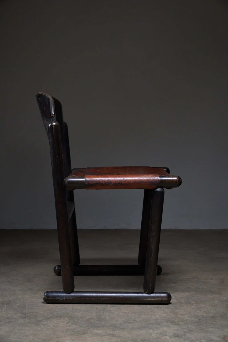 Vintage Brutalist Wood & Leather Chairs, 1970s, Set of 2