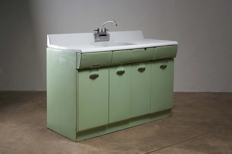 Vintage Mint Green Metal Kitchen Sink Cabinet, 1950s Mid-Century Design