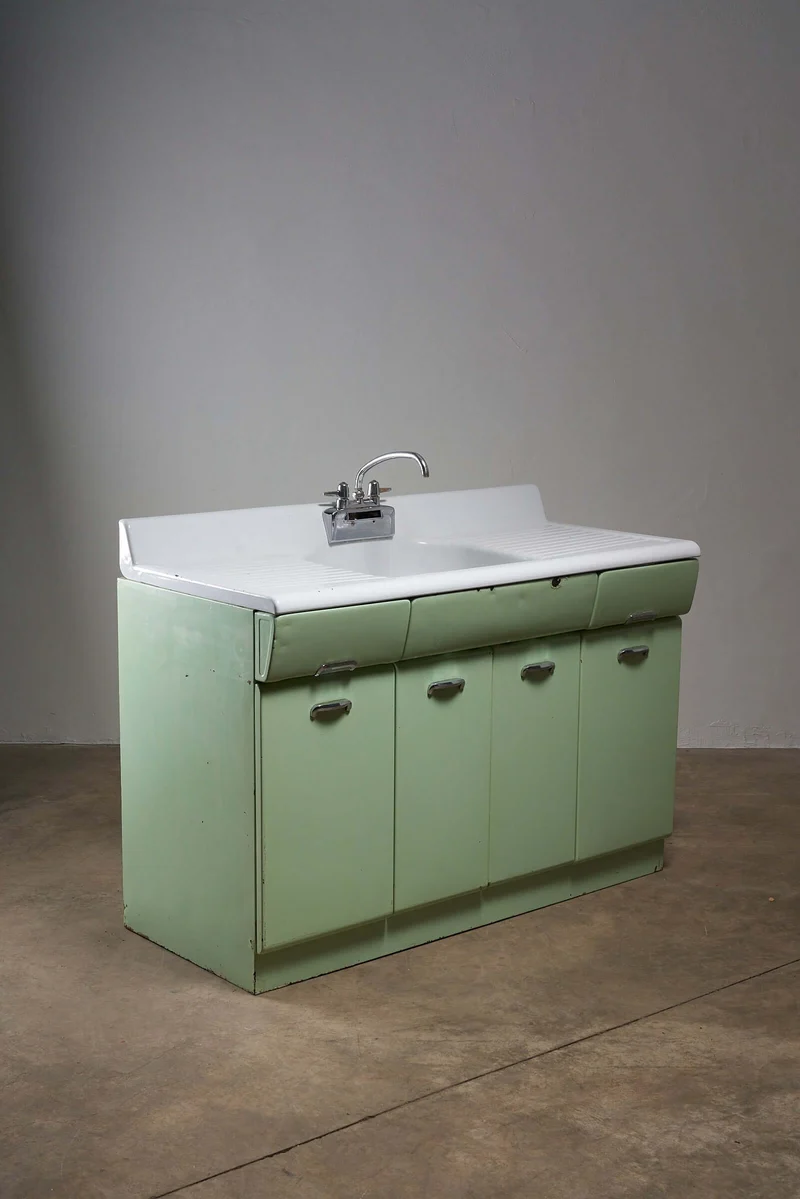 Vintage Mint Green Metal Kitchen Sink Cabinet, 1950s Mid-Century Design