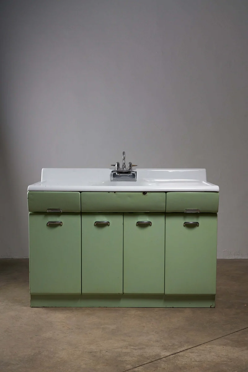 Vintage Mint Green Metal Kitchen Sink Cabinet, 1950s Mid-Century Design
