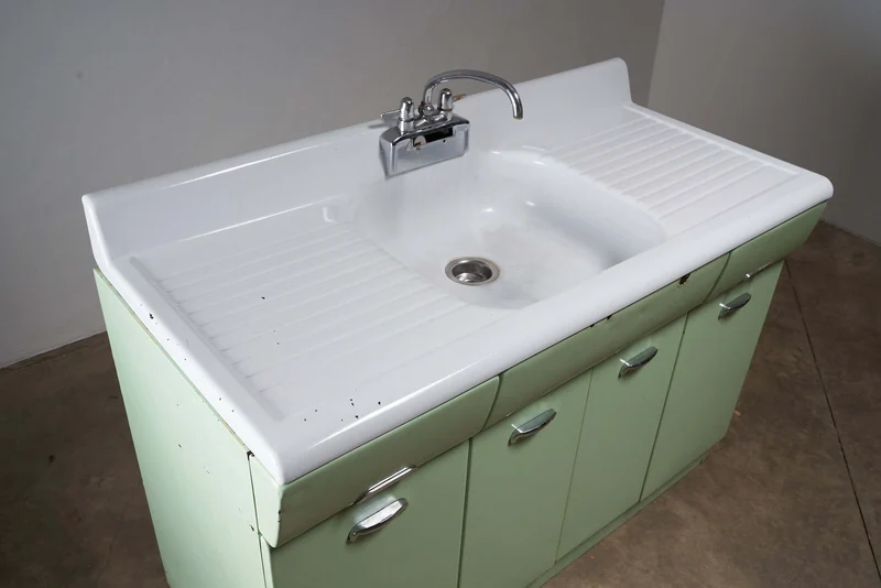 Vintage Mint Green Metal Kitchen Sink Cabinet, 1950s Mid-Century Design