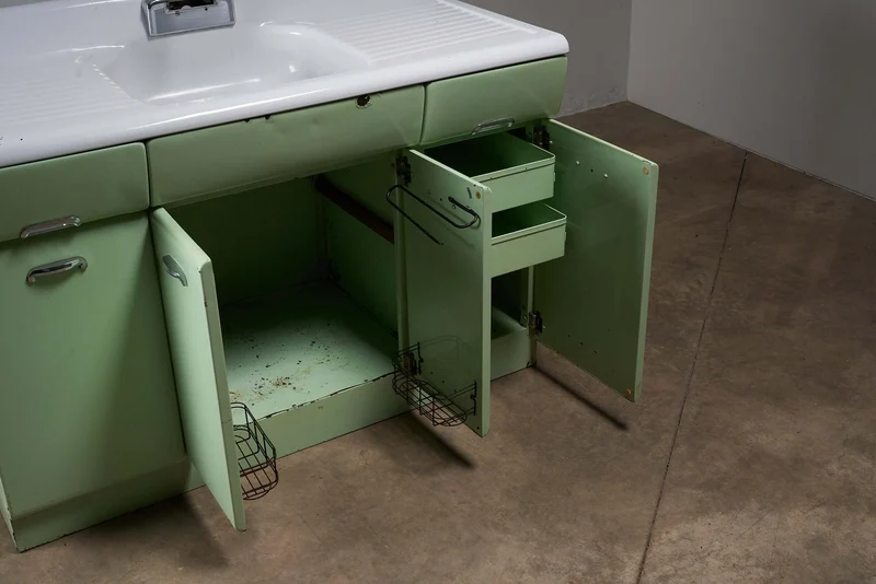 Vintage Mint Green Metal Kitchen Sink Cabinet, 1950s Mid-Century Design