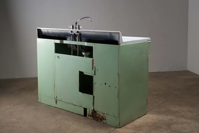 Vintage Mint Green Metal Kitchen Sink Cabinet, 1950s Mid-Century Design