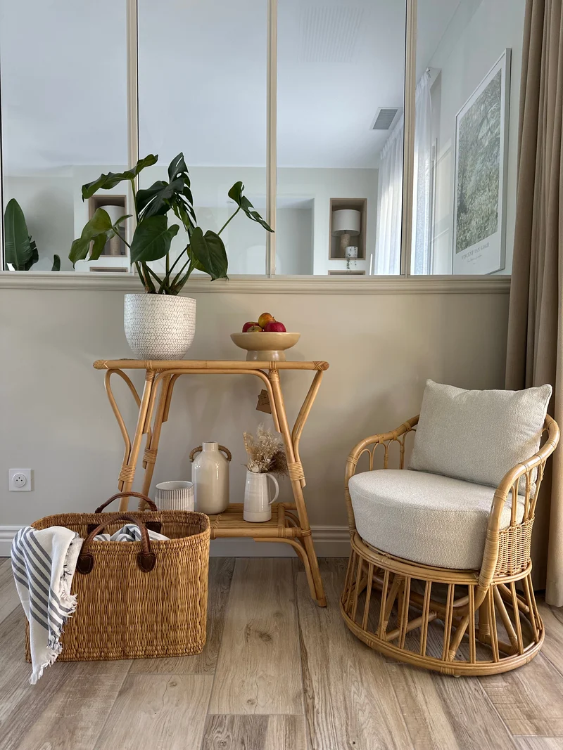 Fauteuil Nordlys en rotin naturel et tissu beige PALOPO