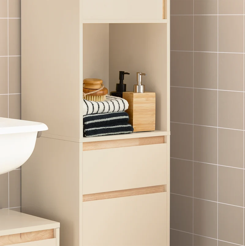 SoBuy BZR80-MI Meuble Colonne de Salle de Bain, Armoire Haute, Placard de Rangement avec 1 Compartiment Ouvert, 1 Tiroir et 2 Portes