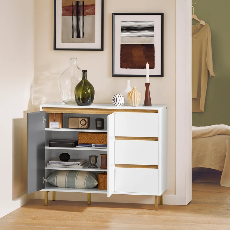 SoBuy FSB69-W Buffet Armoire Multi-Rangement Meuble de Rangement sur Pieds avec 2 Portes 3 Tiroirs