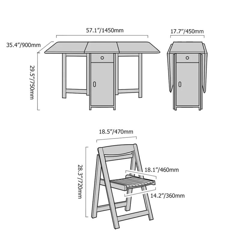 Table de salle à manger pliante Drop Leaf avec ensemble de chaises pliables 5 pièces