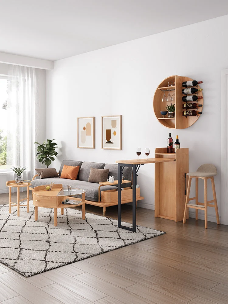 Table de bar à vin rétractable pliante avec étagère à vin ronde fixée au mur (pas de chaises)
