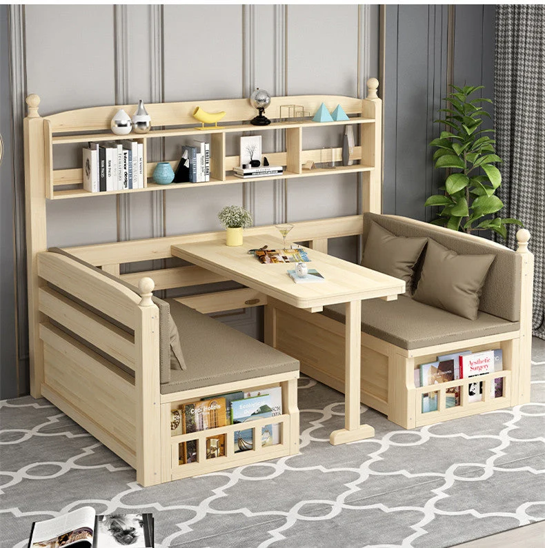 Canapé-lit en bois massif avec bureau et étagère à livres