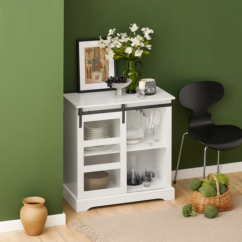 SoBuy FSB46-W Buffet Commode Armoire de Rangement Meuble de Rangement à 2 Niveaux avec Porte Vitrée de Grange Coulissante