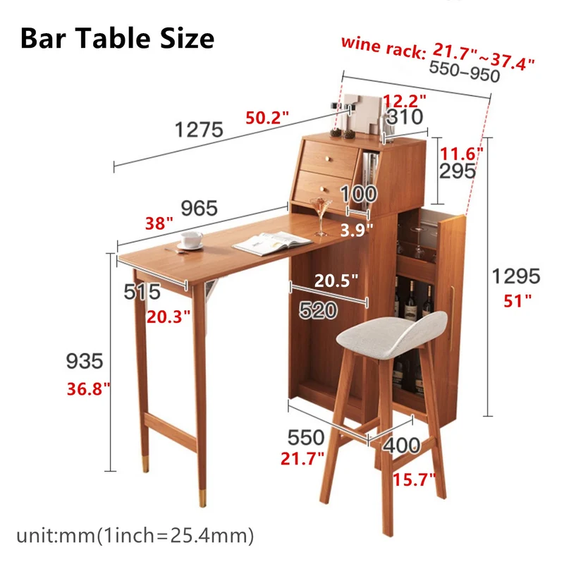 Table de bar à vin pliante avec casier à vin coulissant