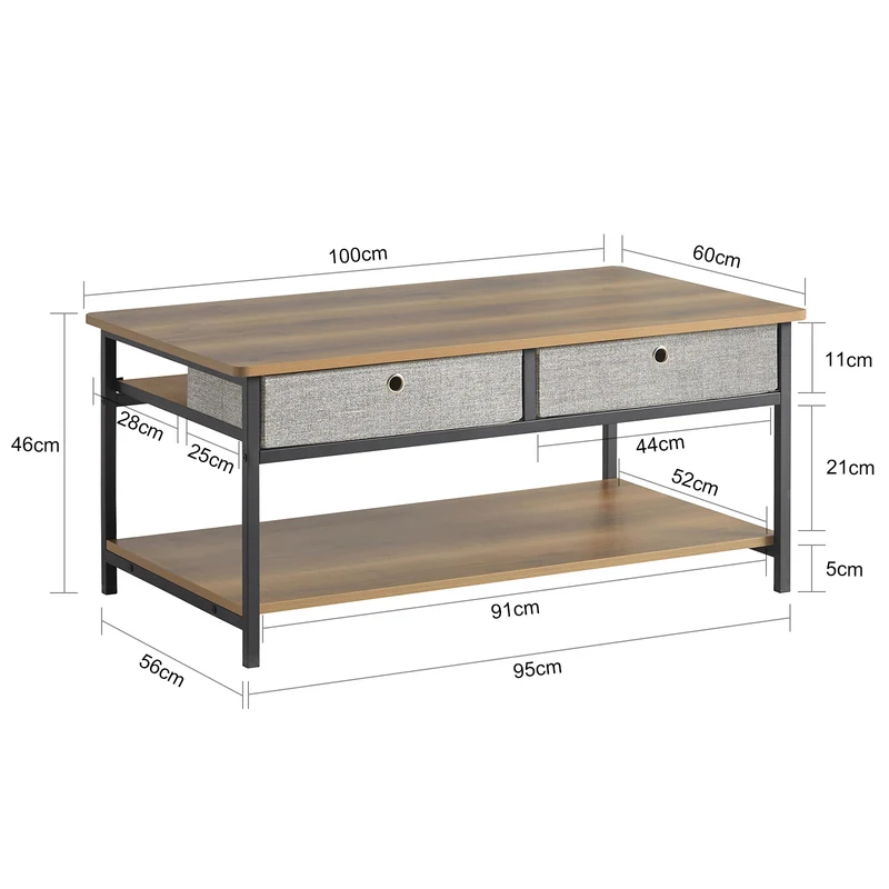 SoBuy FBT107-PF Table Basse avec 2 Tiroirs en Tissu Table d'appoint Table TV Table de Salon Bouts de canapé Style Industriel