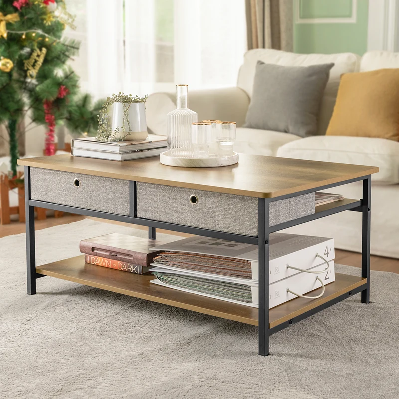 SoBuy FBT107-PF Table Basse avec 2 Tiroirs en Tissu Table d'appoint Table TV Table de Salon Bouts de canapé Style Industriel