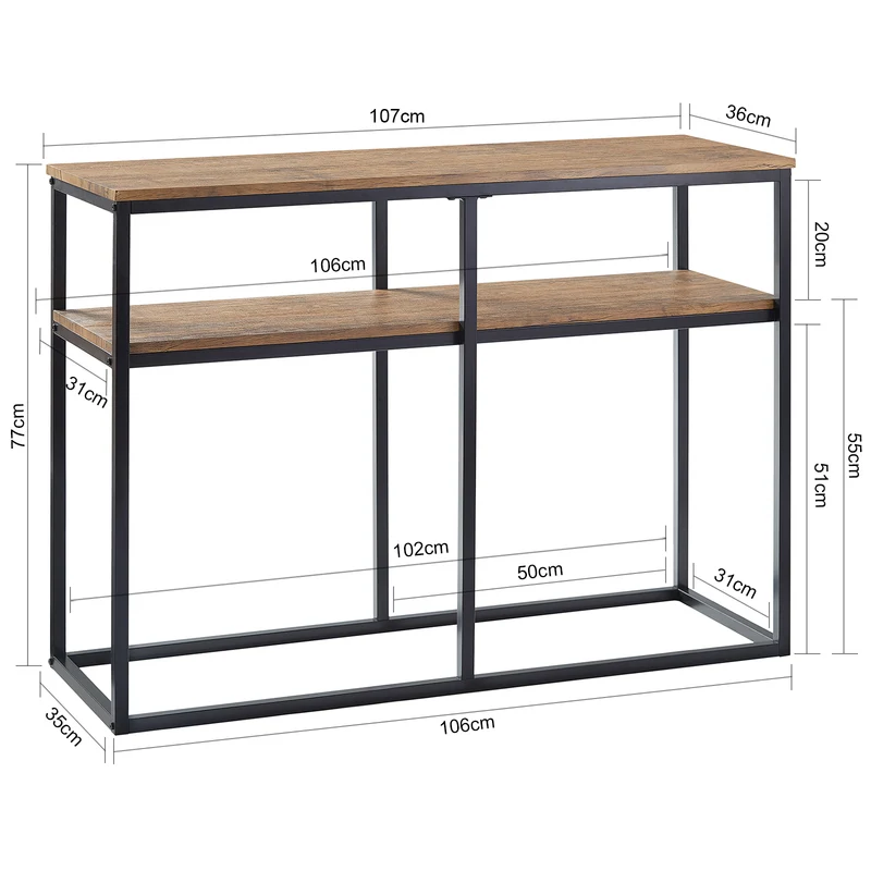 SoBuy FSB42-Q Table Console Table d’Entrée Bout de Canapé Table d'Appoint Buffet avec 2 étagères de Rangement – L107 x P36 x H77 cm, Cadre en Acier, Style Industriel