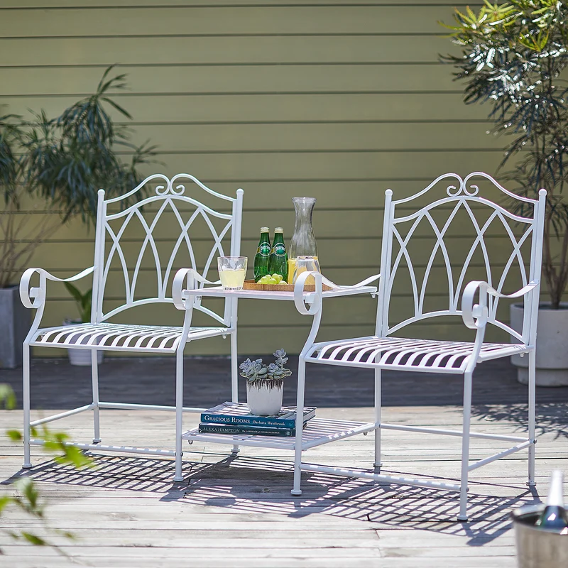 SoBuy OGT44-W Salon de Jardin 2 Personnes Banc avec Table intégrée 2 Places, Table Bistrot, Banc de Jardin
