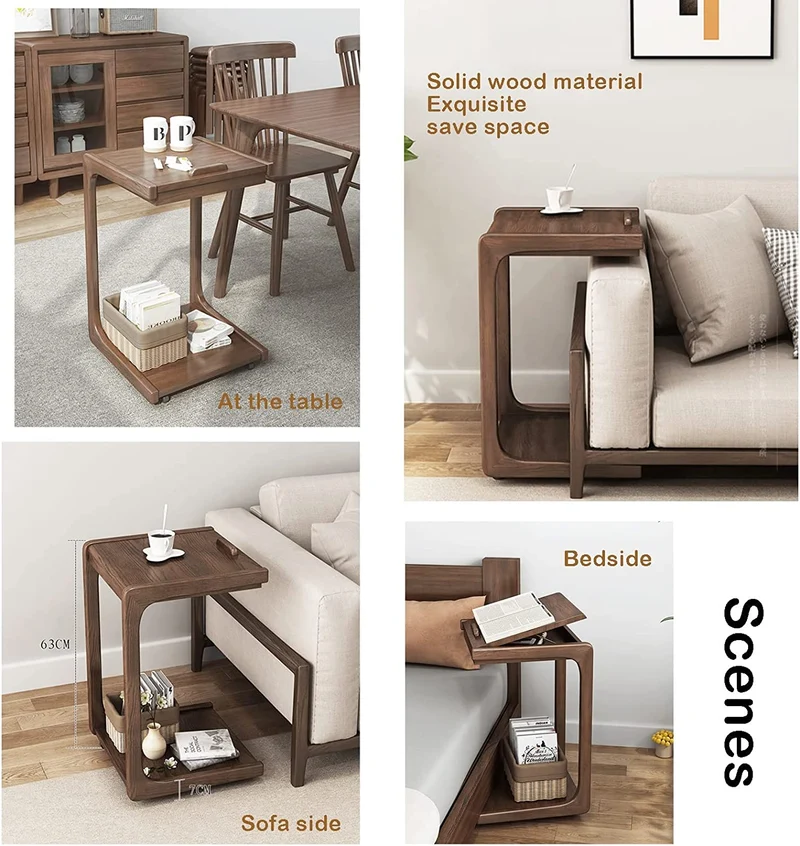 Table d'appoint réglable en forme de C en bois massif avec roues verrouillables