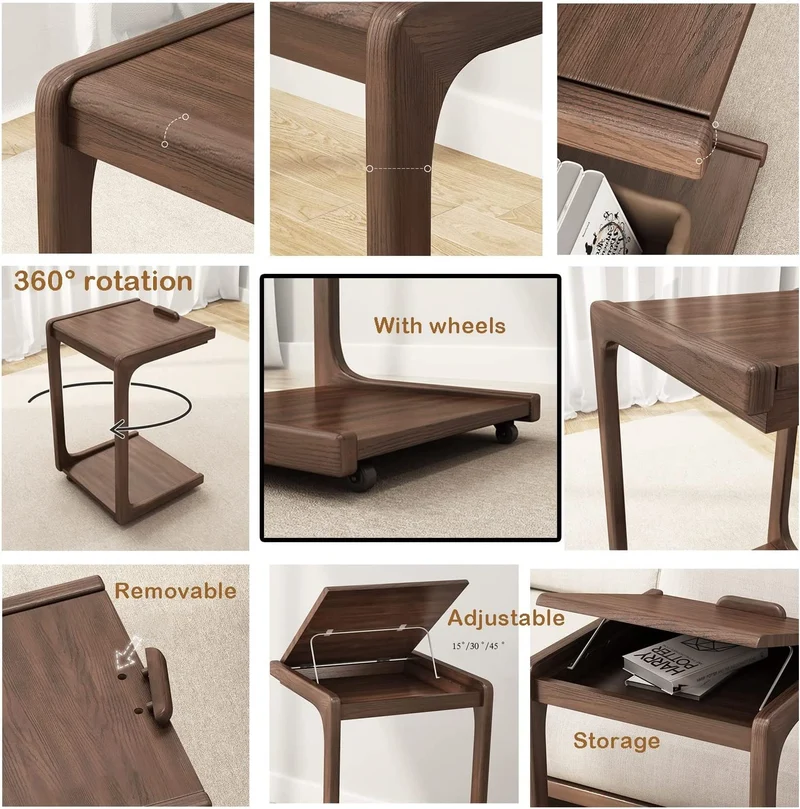Table d'appoint réglable en forme de C en bois massif avec roues verrouillables
