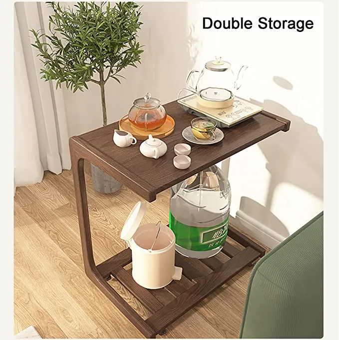 Table d'appoint réglable en forme de C en bois massif avec roues verrouillables